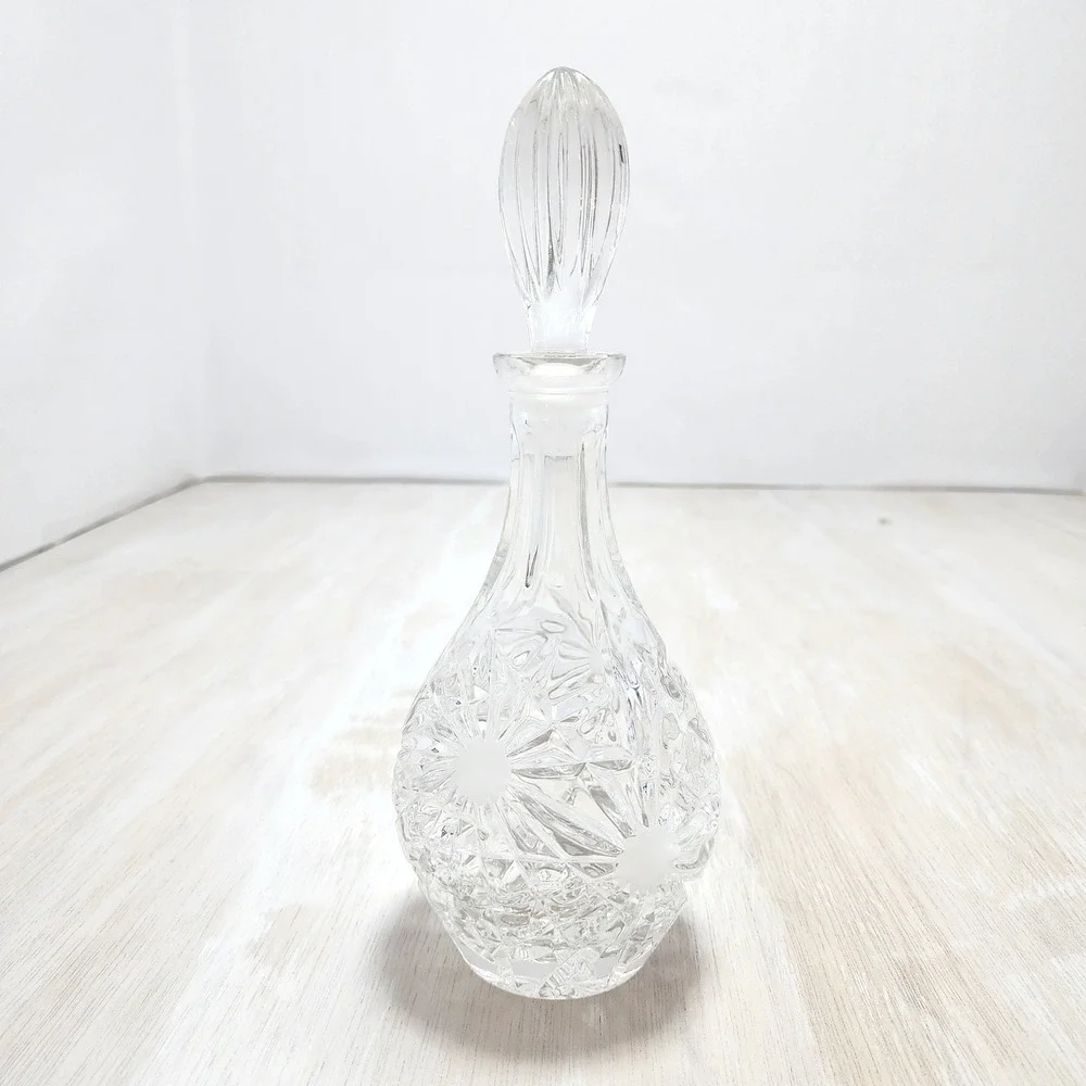 Vintage Cut Crystal Decanter with Flame Stopper Starburst Pattern Clear Glass